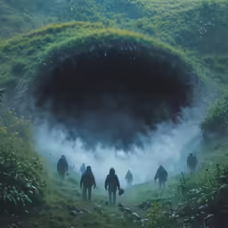 a group of people walking through a mysterious cave