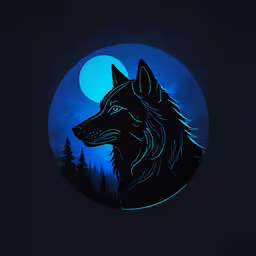 a wolf head under the moon in a night sky,the logo of a wolf standing in front of a full moon