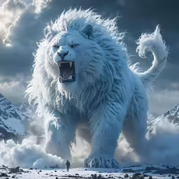 white bear running through the snowy mountains in front of the sky