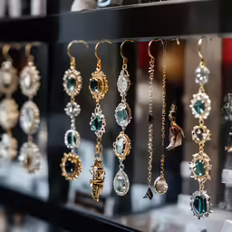 a display case full of jewelry items with various earrings