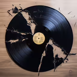 an old vinyl record with the broken cover,a broken record has the label on it