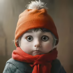 a young child in a hat and scarf, posing for the camera