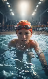 a woman in a swimming cap and goggles