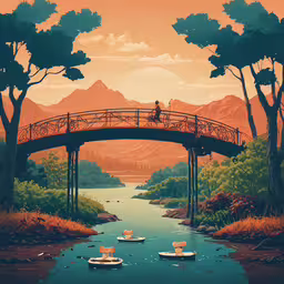 a digital painting of a couple on a bridge over water,a bridge over a river leading to mountains with a person standing on it