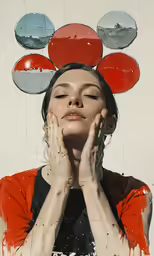 a woman holds her hands in front of her face