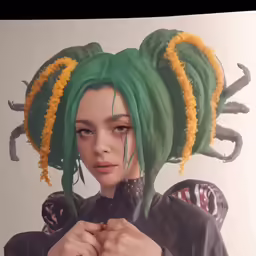 a digital rendering of an anime character with bright green hair