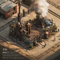 an aerial view of a train station building with smoke billowing from it