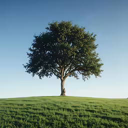 the tree is alone in a grassy field