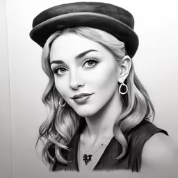 a woman wearing a hat and earrings, wearing earrings