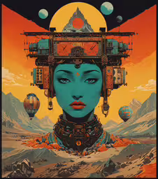 a poster with an alien woman surrounded by planets,a beautiful woman with many things on her head