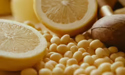 a bowl of food with chickpeas, lemons and nuts