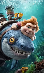a cartoon character riding on top of a fish