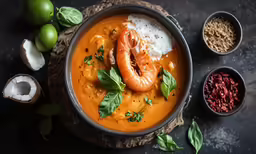a bowl of shrimp, rice and tomatoes soup