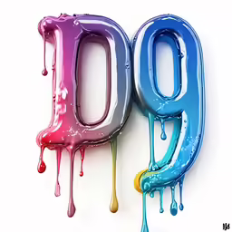 a blue, purple, and pink 3d letter covered in paint