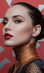 a beautiful woman wearing red lipstick and golden accessories