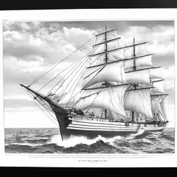 a ship in the middle of the water under a cloudy sky