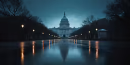the capital building in the background at night with rain
