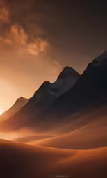 the sun rising over a snow covered mountains