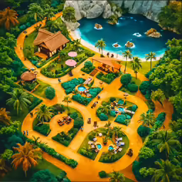 a tropical resort and resort map with a bird - eye view of it