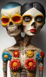 two skeleton figures with colorful flowered decoration