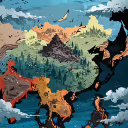a drawing with lots of clouds and hills