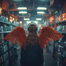 a woman is wearing headphones and wings