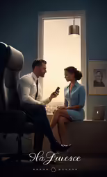 a man and woman sitting in an office on their cell phones, and looking at each other
