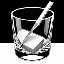 an object is placed in a glass with ice cubes and a knife on top