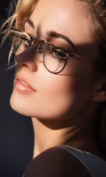 a woman wearing glasses looking back at the camera