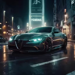 a dark sports car driving through the rain at night