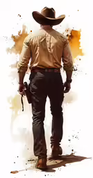 a watercolor painting with a cowboy wearing a hat and holding a gun