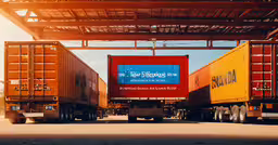 several orange and yellow containers stacked on top of each other,two orange and yellow trucks on the road