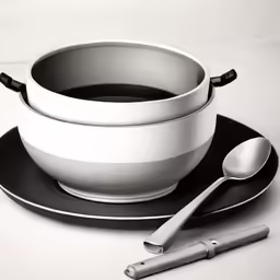 black and white photograph of bowls of soup on a saucer
