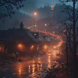 a picture of city street in the dark