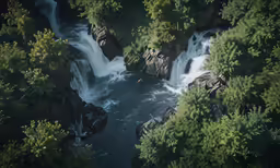 an aerial view of a man standing in a river surrounded by rocks