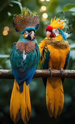 two large birds standing next to each other on a branch