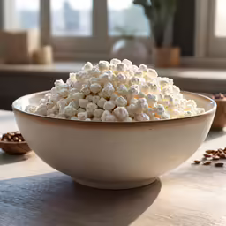 bowl of popcorn sits on a table near a cup of coffee