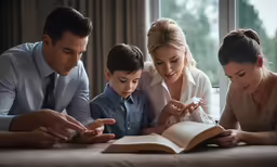 a family sitting at a table in front of a book