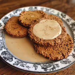 a plate of cookies with frosting and honey