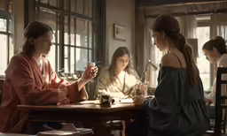 three women sitting at a table having a conversation