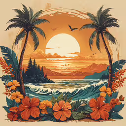 a large illustration of a tropical sunset on the horizon,the sun is setting over a water scene with flowers