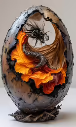 an egg sculpture made of silver and orange marble