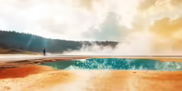 a colorful landscape shows a blue and brown pool
