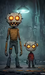 an image of a robot with yellow eyes and two people