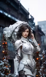 a woman in cyber suit next to a building with trees
