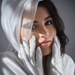 a woman wearing white is wearing a long hooded jacket
