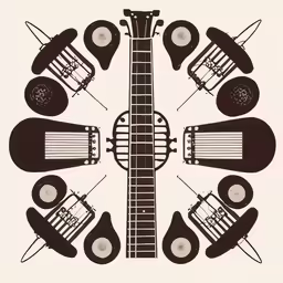 a circle with musical instruments that include drums and guitar