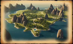 a 3d - generated view of an island surrounded by rocky cliffs