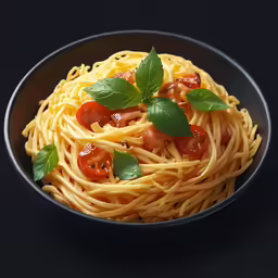 a pasta dish with cherry tomatoes and basil leaves