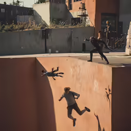 the person who is skateboarding jumps a wall as others watch
